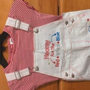 Young Hearts Girls 2 Piece Patriotic Red White & Blue Overall Set. Size 6 NWT